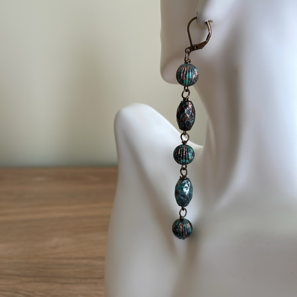 HAND CRAFTED SHOULDER DUSTER EARRINGS Patina Mint Green Copper Antiqued Brass - Picture 6 of 14